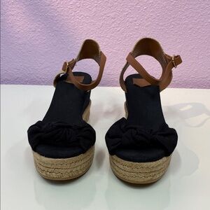 Tory Burch Black and Tan Espadrille Wedges